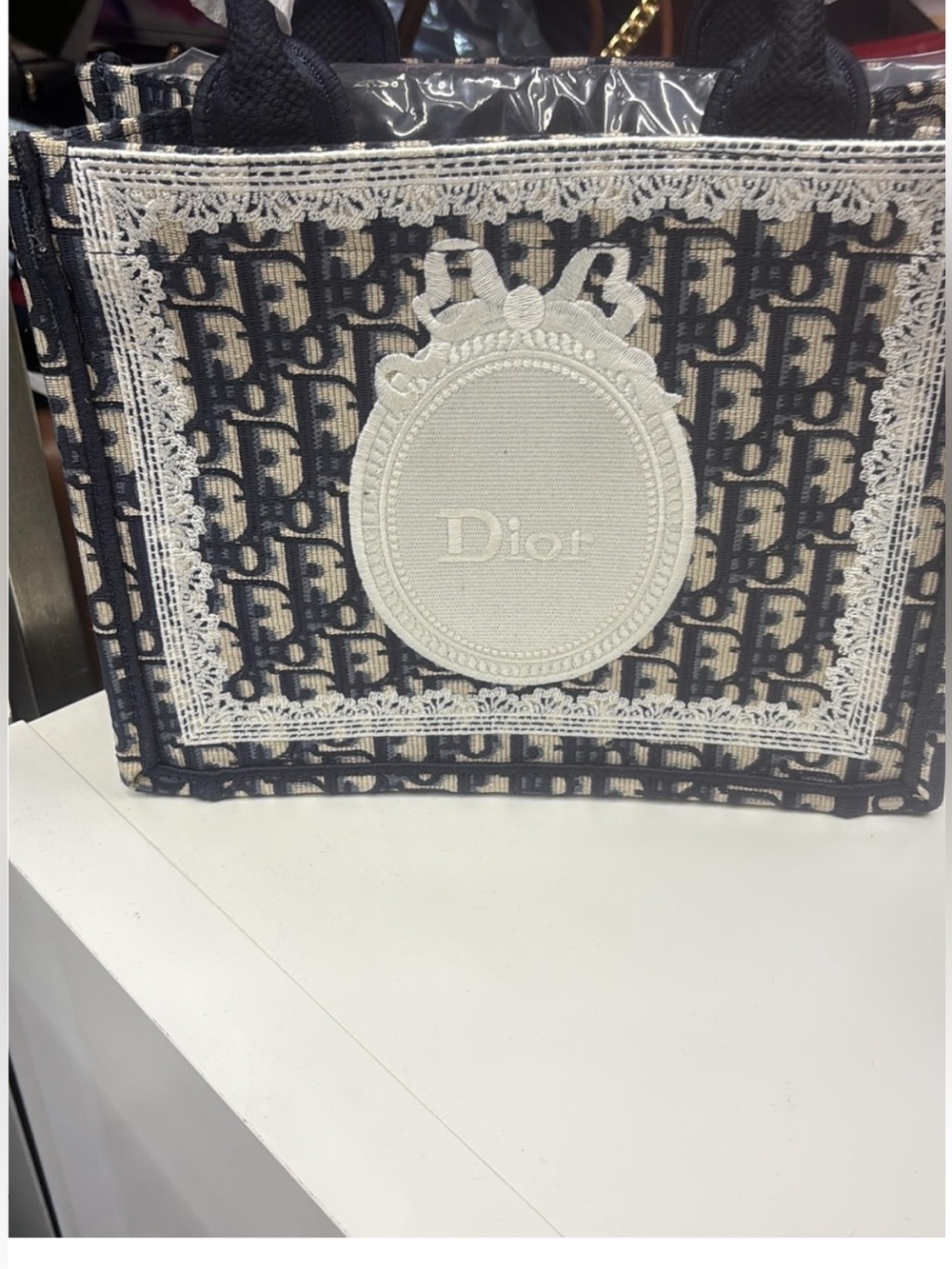 Cute fashion Embroidered Logo Tote in Navy & Cream